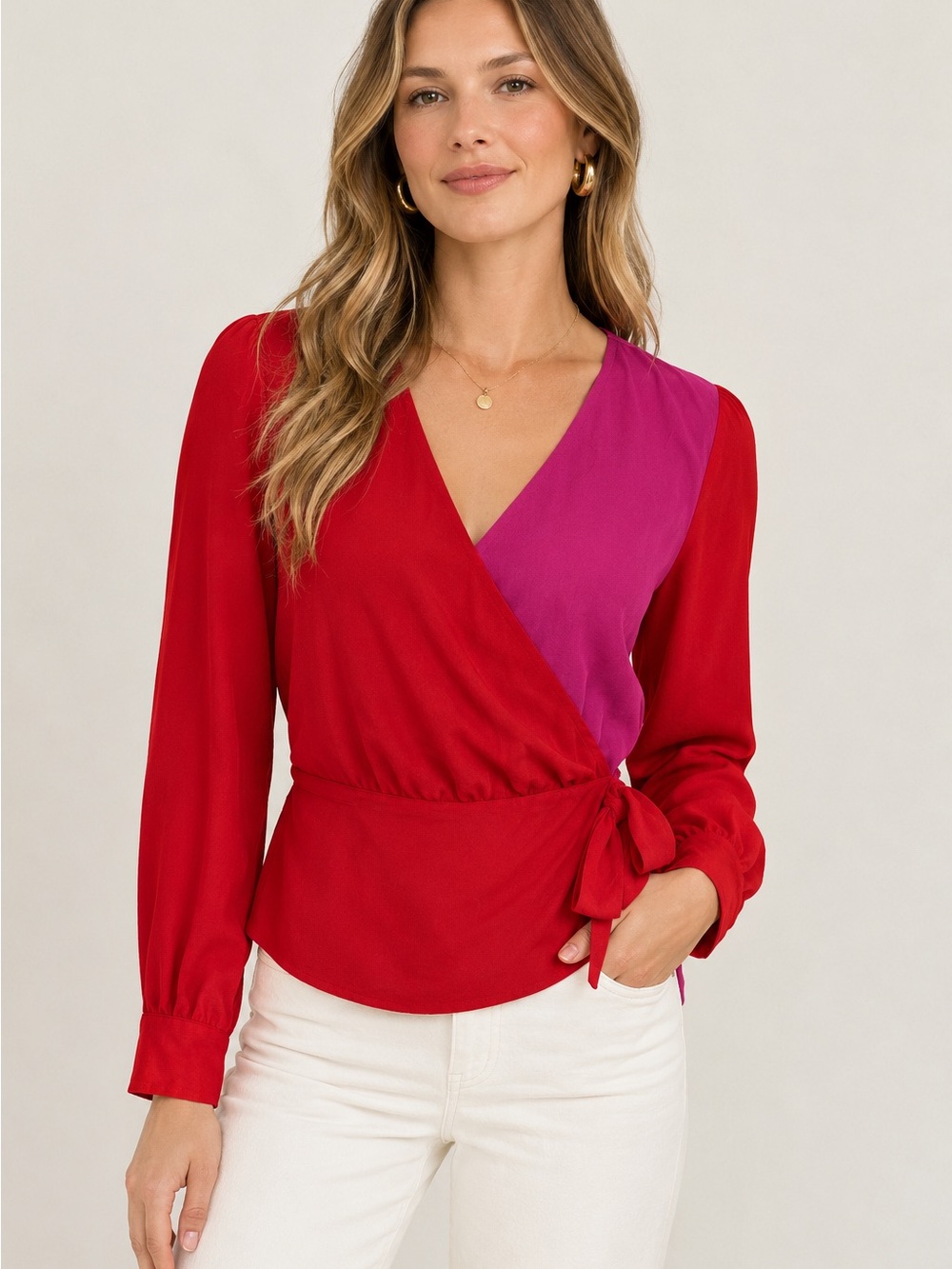 Bailey 44 Red/Pink Colorblock Wrap Long Sleeve Blouse size 4